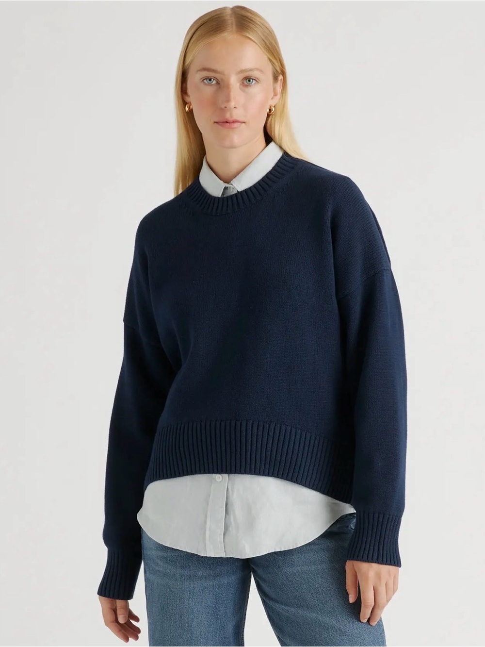 Quince 100% Organic Cotton Boyfriend Crew Sweater Navy Blue XL